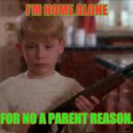 'Tis the season for bad puns, 'weather' we like it or not! | I'M HOME ALONE; FOR NO A PARENT REASON. | image tagged in home alone,gun,christmas memes,funny,bad puns,merry christmas | made w/ Imgflip meme maker