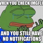 No Comments All Day D: | WHEN YOU CHECK IMGFLIP; AND YOU STILL HAVE NO NOTIFICATIONS | image tagged in crying pepe | made w/ Imgflip meme maker