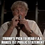 Perfect Fit | TRUMP'S PICK TO HEAD F.A.A. MAKES 1ST PUBLIC STATEMENT | image tagged in airplane,donald trump approves | made w/ Imgflip meme maker