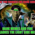 Dank Memes and Fine Ladies the Light Side Has | PROMISE YOU COOKIES THE DARK SIDE DOES? DANK MEMES AND FINE LADIES THE LIGHT SIDE HAS | image tagged in yoda pimp my ride,challenge accepted,jying,socrates,star wars,sorry hokeewolf | made w/ Imgflip meme maker