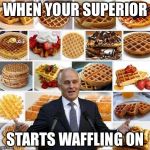 The Wentworth Waffler | WHEN YOUR SUPERIOR; STARTS WAFFLING ON | image tagged in the wentworth waffler | made w/ Imgflip meme maker