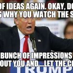 trump bitch | OUT OF IDEAS AGAIN. OKAY, DONNY, THIS IS WHY YOU WATCH THE SHOWS. JUST DO A BUNCH OF IMPRESSIONS OF PEOPLE TALKING ABOUT YOU AND ...LET THE CROWD... POP. | image tagged in trump bitch,memes,brain dead | made w/ Imgflip meme maker