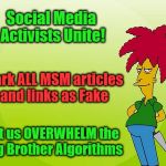 AT Dawn, we Attack | Social Media Activists Unite! Mark ALL MSM articles and links as Fake; let us OVERWHELM the Big Brother Algorithms | image tagged in side show bob,fake news,censor the censors | made w/ Imgflip meme maker