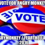 Vote | VOTE FOR ANGRY MONKEY; ANGRYMONKEY / FEARTHELLAMA 


2016 | image tagged in vote | made w/ Imgflip meme maker