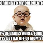 It's always been this way with my younger siblings | ACCORDING TO MY CALCULATIONS, 99% OF BABIES AGREE, FOOD IS ALWAYS BETTER OFF OF MOM'S PLATE | image tagged in smart baby | made w/ Imgflip meme maker