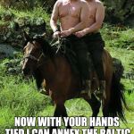 Trump Putin | DONALD THANK YOU... NOW WITH YOUR HANDS TIED I CAN ANNEX THE BALTIC STATES AND PROBABLY UKRAINE AND POLAND TOO... | image tagged in trump putin | made w/ Imgflip meme maker