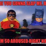 Robot Chicken Batman and Robin | WHEN ARE YOU GONNA SLAP ME, BATMAN? I AM SO AROUSED RIGHT NOW | image tagged in robot chicken batman and robin | made w/ Imgflip meme maker