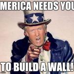 America Needs A Wall | AMERICA NEEDS YOU! TO BUILD A WALL! | image tagged in trump uncle sam | made w/ Imgflip meme maker