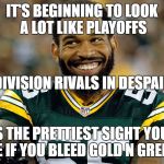 Packers Christmas | IT'S BEGINNING TO LOOK A LOT LIKE PLAYOFFS; DIVISION RIVALS IN DESPAIR; IT'S THE PRETTIEST SIGHT YOU'LL SEE IF YOU BLEED GOLD N GREEN... | image tagged in green bay packers,minnesota vikings,detroit lions,nfl memes,playoffs,funny memes | made w/ Imgflip meme maker