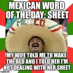 mexican word of the day | MEXICAN WORD OF THE DAY: SHEET; MY WIFE TOLD ME TO MAKE THE BED AND I TOLD HER I'M NOT DEALING WITH HER SHEET | image tagged in mexican word of the day | made w/ Imgflip meme maker