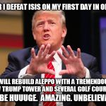 Donald Trump | AFTER I DEFEAT ISIS ON MY FIRST DAY IN OFFICE, I WILL REBUILD ALEPPO WITH A TREMENDOUS NEW TRUMP TOWER AND SEVERAL GOLF COURSES. IT'LL BE HUUUGE.  AMAZING. UNBELIEVABLE. | image tagged in donald trump | made w/ Imgflip meme maker