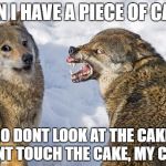 Red Wolvess | CAN I HAVE A PIECE OF CAKE; NO DONT LOOK AT THE CAKE, DONT TOUCH THE CAKE, MY CAKE | image tagged in red wolvess | made w/ Imgflip meme maker