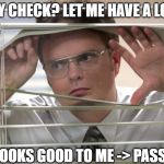 Office blinds | SAFETY CHECK? LET ME HAVE A LOOK . . . LOOKS GOOD TO ME -> PASS! | image tagged in office blinds | made w/ Imgflip meme maker