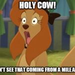 I Didn't See That Coming From A Mile Away! | HOLY COW! I DIDN'T SEE THAT COMING FROM A MILE AWAY! | image tagged in dixie stunned,memes,disney,the fox and the hound 2,reba mcentire,dog | made w/ Imgflip meme maker
