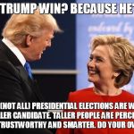 Trump Clinton Handshake Smiling | WHY DID TRUMP WIN? BECAUSE HE'S TALLER. MOST (NOT ALL) PRESIDENTIAL ELECTIONS ARE WON BY THE TALLER CANDIDATE. TALLER PEOPLE ARE PERCEIVED AS BEING MORE TRUSTWORTHY AND SMARTER. DO YOUR OWN RESEARCH. | image tagged in trump clinton handshake smiling | made w/ Imgflip meme maker