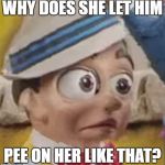 Extremely Confused Stingy | WHY DOES SHE LET HIM; PEE ON HER LIKE THAT? | image tagged in confused stingy,lazytown,memes,stingy,innocent | made w/ Imgflip meme maker