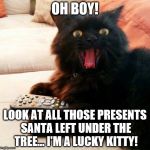 Oh Boy! Cat fell asleep but when he awoke on Christmas morning was he in for a big surprise | OH BOY! LOOK AT ALL THOSE PRESENTS SANTA LEFT UNDER THE TREE... I'M A LUCKY KITTY! | image tagged in oh boy cat,memes,santa,christmas,merry christmas,cats | made w/ Imgflip meme maker