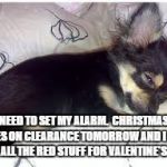 sleep | NEED TO SET MY ALARM.  CHRISTMAS GOES ON CLEARANCE TOMORROW AND I CAN USE ALL THE RED STUFF FOR VALENTINE'S DAY | image tagged in sleep | made w/ Imgflip meme maker