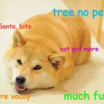 Doge after Christmas. | tree no pee? see Santa, bite; cat got more; much fudz; more vacay | image tagged in doge,merry christmas,funny memes,sad doge,party animals,too much funny | made w/ Imgflip meme maker
