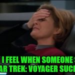 I happened to love the show | HOW I FEEL WHEN SOMEONE SAYS STAR TREK: VOYAGER SUCKED | image tagged in captain janeway facepalm,sorry hokeewolf,my templates challenge,star trek voyager | made w/ Imgflip meme maker