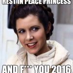 Princess Leia | REST IN PEACE PRINCESS; AND F*** YOU 2016 | image tagged in princess leia | made w/ Imgflip meme maker