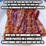 underdosebacon | JEW DO NOT EAT PORK AND HAVE NOT DEMANDED WE CHANGE FOR THEM, THEY HAVE LIVE WITH US FOR HUNDREDS OF YEARS WITH NOT PROBLEM. WHY ARE THE MUSLIMS GETTING THEIR PANTIES IN A BUNCH OVER SOMETHING THEY CAN JUST SAY NO TO. | image tagged in underdosebacon | made w/ Imgflip meme maker