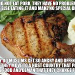 Pork Chop | JEWS DO NOT EAT PORK, THEY HAVE NO PROBLEM WITH ANYONE ELSE EATING IT AND MAKE NO SPECIAL DEMANDS; WHY DO MUSLIMS GET SO ANGRY AND OFFENDED WHEN THEY MOVE TO A HOST COUNTRY THAT PORK IS A STAPLE FOOD AND DEMAN THAT THEY CHANGE FOR THEM | image tagged in pork chop | made w/ Imgflip meme maker
