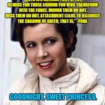 Goodnight, sweet princess. | "DEATH IS A NATURAL PART OF LIFE. REJOICE FOR THOSE AROUND YOU WHO TRANSFORM INTO THE FORCE. MOURN THEM DO NOT. MISS THEM DO NOT. ATTACHMENT LEADS TO JEALOUSLY. THE SHADOW OF GREED, THAT IS.” -YODA; GOODNIGHT, SWEET PRINCESS. | image tagged in princess leia | made w/ Imgflip meme maker