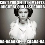 Carrie Fisher HD | CAN'T YOU SEE IT IN MY EYES, THIS MIGHT BE OUR LAST GOODBYE . . . CAAAA-AAAARIE . . . CAAAA-AAARIE | image tagged in carrie fisher hd | made w/ Imgflip meme maker