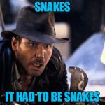 No Time To Meme Dr. Jones! | SNAKES; IT HAD TO BE SNAKES | image tagged in indiana jones - it had to be snakes,snakes,indiana jones snakes,my templates challenge | made w/ Imgflip meme maker