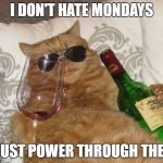 fat drunk cat | I DON'T HATE MONDAYS; I JUST POWER THROUGH THEM | image tagged in fat drunk cat | made w/ Imgflip meme maker