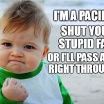 Pacifist Kid | I'M A PACIFIST; SHUT YOUR STUPID FACE; OR I'LL PASS A FIST RIGHT THROUGH IT | image tagged in success kid / nailed it kid,pacifist,meme,funny | made w/ Imgflip meme maker