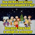 A Charlie Brown Christmas Pun  | How did Mary and Joseph know Jesus weighed 4.2 Kg? Because they had a weigh in a manger | image tagged in a charlie brown christmas pun | made w/ Imgflip meme maker