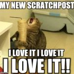enjoying too much cat | MY NEW SCRATCHPOST; I LOVE IT I LOVE IT; I LOVE IT!! | image tagged in enjoying too much cat | made w/ Imgflip meme maker