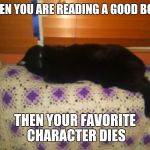 Give Up Cat | WHEN YOU ARE READING A GOOD BOOK; THEN YOUR FAVORITE CHARACTER DIES | image tagged in give up cat | made w/ Imgflip meme maker