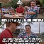 Tin Foil Hat See | THIS GUY WEARS A TIN FOIL HAT; SEE? NOBODY IS AWARE THAT WE ARE CHEAP LABOUR AND THE GOVERNMENT WILL REPLACE US WITH ARTIFICIAL INTELLIGENCE SOON | image tagged in tinfoil hat meme conspiracy government cheap labour conspiracy anarchy | made w/ Imgflip meme maker