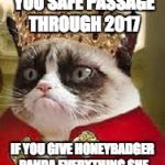 grumpy catholic | I WILL GIVE YOU SAFE PASSAGE THROUGH 2017; IF YOU GIVE HONEYBADGER PANDA EVERYTHING SHE WANTS. AND MAKE ME POPE | image tagged in grumpy catholic | made w/ Imgflip meme maker