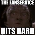 When you're watching an anime and didn't notice the ecchi tag. | THE FANSERVICE; HITS HARD | image tagged in shocked cardassian,star trek,sexual innuendo,chinese cartoons,anime,ecchi | made w/ Imgflip meme maker