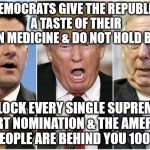 Republicans1234 | HEY DEMOCRATS GIVE THE REPUBLICANS A TASTE OF THEIR OWN MEDICINE & DO NOT HOLD BACK; BLOCK EVERY SINGLE SUPREME COURT NOMINATION & THE AMERICAN PEOPLE ARE BEHIND YOU 100% | image tagged in republicans1234 | made w/ Imgflip meme maker