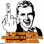Fuck You | I'LL SEE YOUR PASSIVE AGGRESSIVE STATUS AND I'LL RAISE YOU...ONE FINGER. | image tagged in fuck you | made w/ Imgflip meme maker