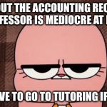Taking Accounting Again | FOUND OUT THE ACCOUNTING RECITATION PROFESSOR IS MEDIOCRE AT BEST; WILL HAVE TO GO TO TUTORING IF NEEDED | image tagged in anais' grumpy face,college | made w/ Imgflip meme maker