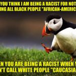 You Can't Have It Both Ways | YOU THINK I AM BEING A RACIST FOR NOT CALLING ALL BLACK PEOPLE "AFRICAN-AMERICANS". THEN YOU ARE BEING A RACIST WHEN YOU DON'T CALL WHITE PEOPLE "CAUCASIANS". | image tagged in unpopular opinion puffin,racism,racist,caucasian,black,sjw | made w/ Imgflip meme maker