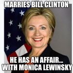 Bad luck Hillary | MARRIES BILL CLINTON; HE HAS AN AFFAIR... WITH MONICA LEWINSKY | image tagged in bad luck hillary | made w/ Imgflip meme maker