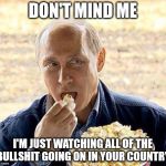 Vladimir Putin | DON'T MIND ME; I'M JUST WATCHING ALL OF THE BULLSHIT GOING ON IN YOUR COUNTRY. | image tagged in vladimir putin | made w/ Imgflip meme maker