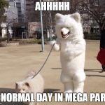 white dog | AHHHHH; A NORMAL DAY IN MEGA PARK | image tagged in white dog | made w/ Imgflip meme maker