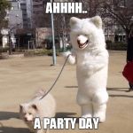 white dog | AHHHH.. A PARTY DAY | image tagged in white dog | made w/ Imgflip meme maker