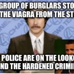 Ron Burgundy  | A GROUP OF BURGLARS STOLE ALL THE VIAGRA FROM THE STORE; THE POLICE ARE ON THE LOOKOUT TO FIND THE HARDENED CRIMINALS | image tagged in ron burgundy | made w/ Imgflip meme maker