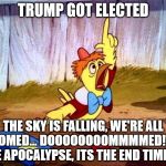 chicken little large | TRUMP GOT ELECTED; THE SKY IS FALLING, WE'RE ALL DOOMED... DOOOOOOOOMMMMED! ITS THE APOCALYPSE, ITS THE END TIMES!!! | image tagged in chicken little large | made w/ Imgflip meme maker
