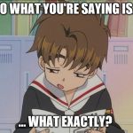 Huh? | SO WHAT YOU'RE SAYING IS... ... WHAT EXACTLY? | image tagged in syaoran | made w/ Imgflip meme maker