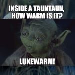 A Little 900-Year-Old Humor | INSIDE A TAUNTAUN, HOW WARM IS IT? LUKEWARM! | image tagged in bad pun yoda,memes,yoda,star wars | made w/ Imgflip meme maker